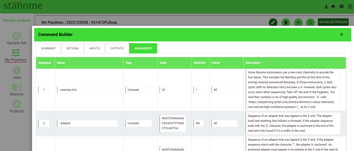 Fig. 4. The Command Builder arguments view.