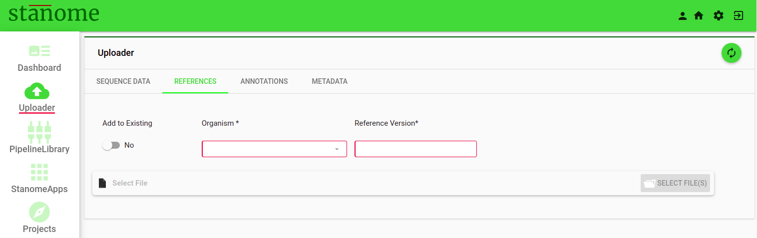 Fig. 1. REFERENCE FILES upload window. Fields shown in red are mandatory.