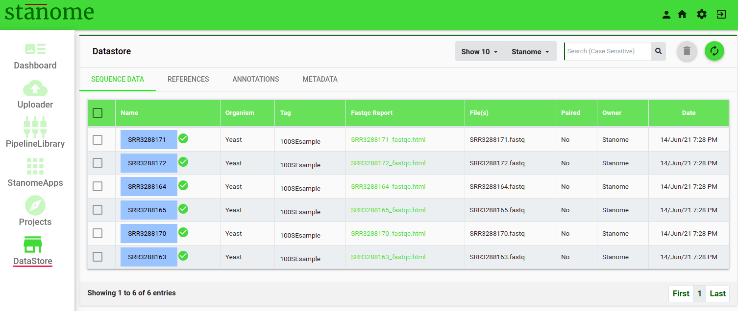 Fig. 1. List view of the sequencing files from Sequence Data. a.) Sequence Data tab. b.) Search field. c.) The Fastqc Report