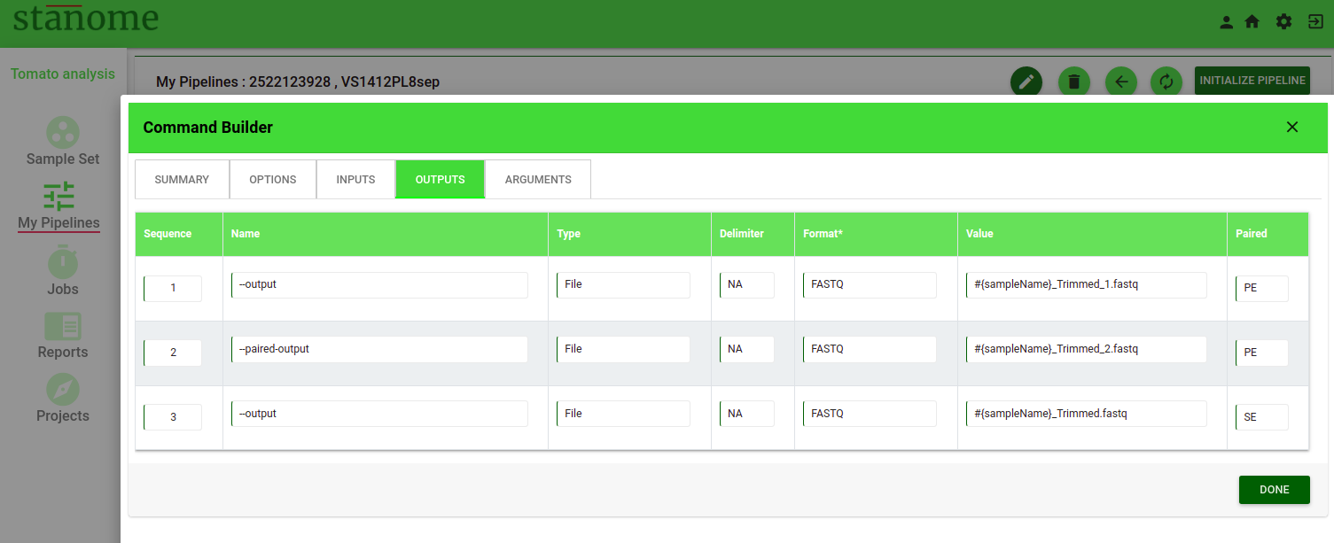 Fig. 3B. The Command Builder Outputs view