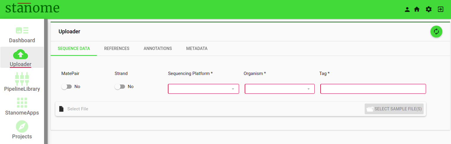 FigData upload interface - each tab allows uploading of different data types to the data store. A: Sequence data B: References C: Annotations D: Metadata.. 
