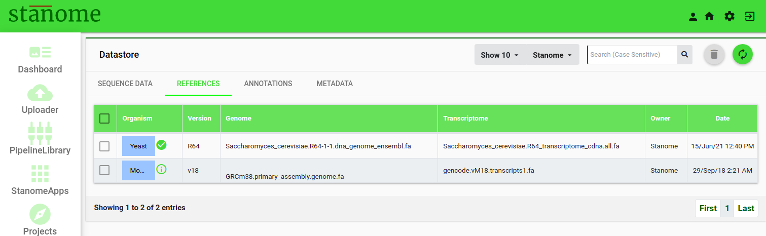 Fig. 1. List view of the available References on the platform. References supported by Stanome and the custom references uploaded by the individual users are shown.