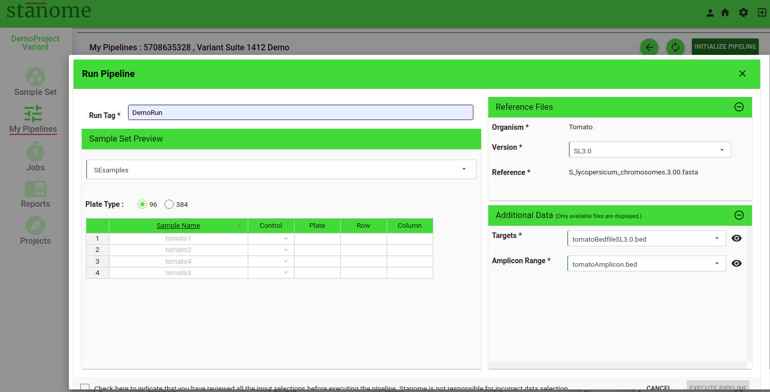 Fig. 2. The Run Pipeline dialog box. Files displayed in this dialog box are the actual files used in the pipeline execution.